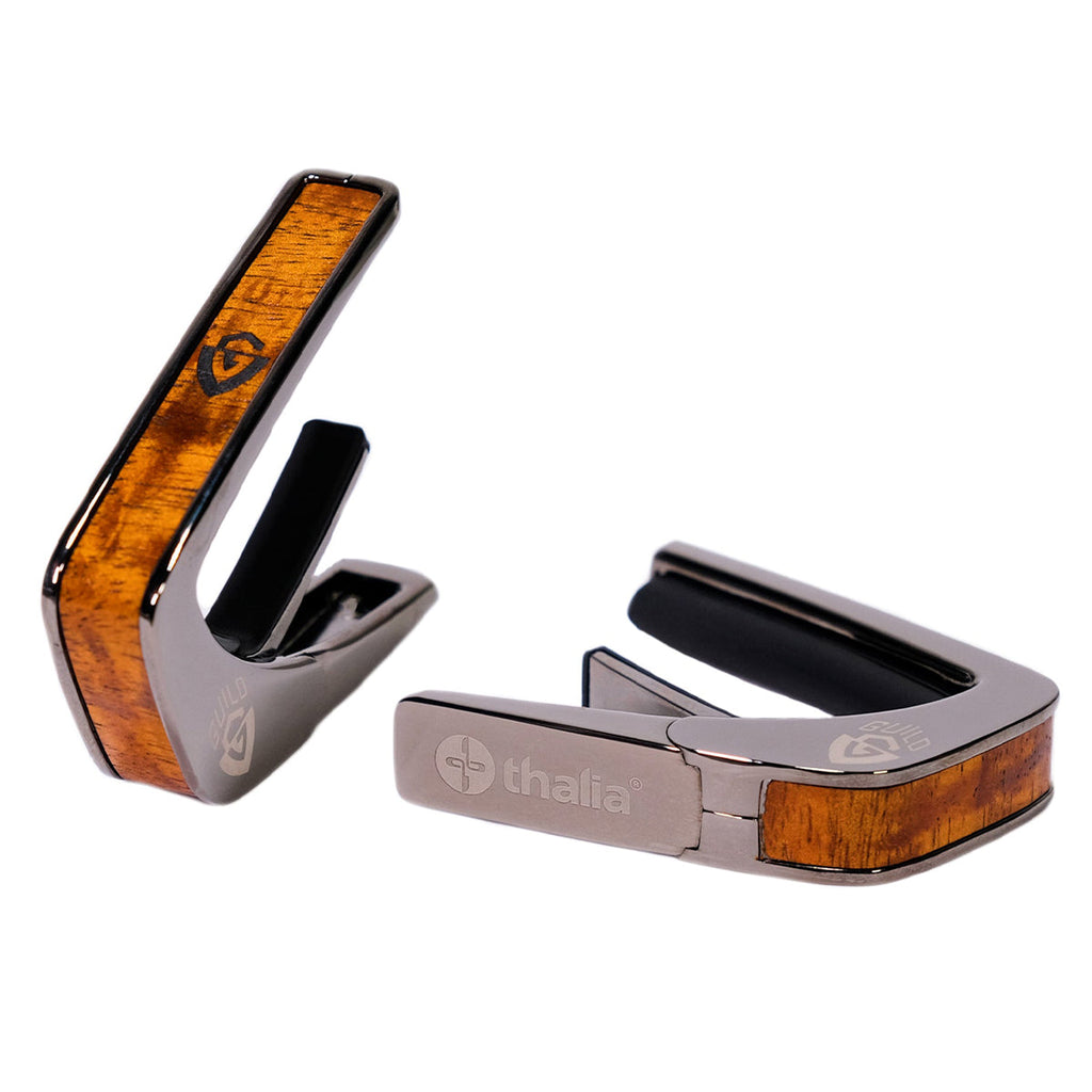 Guild® by Thalia Black Chrome Capo ~ AAA Curly Hawaiian Koa with G Shield Inlay