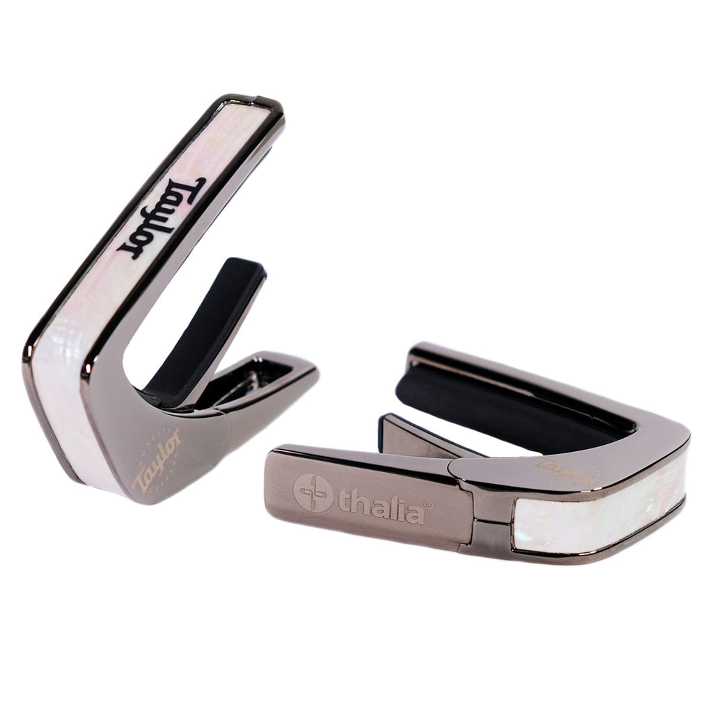 Taylor® by Thalia Black Chrome Capo ~ White Pearl with Black Taylor Logo Inlay