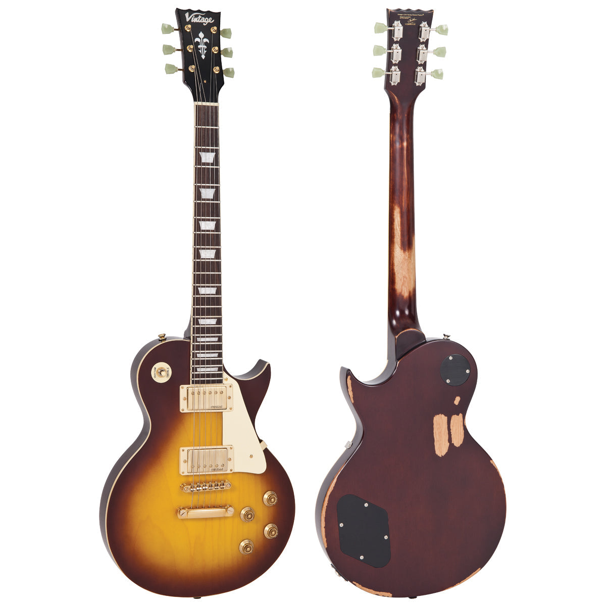 vintage v100 tobacco sunburst ReIssued V100TSB Electric Guitar effective action for maximum tuning stability Vintage V100MRTSB Distressed LP Flamed